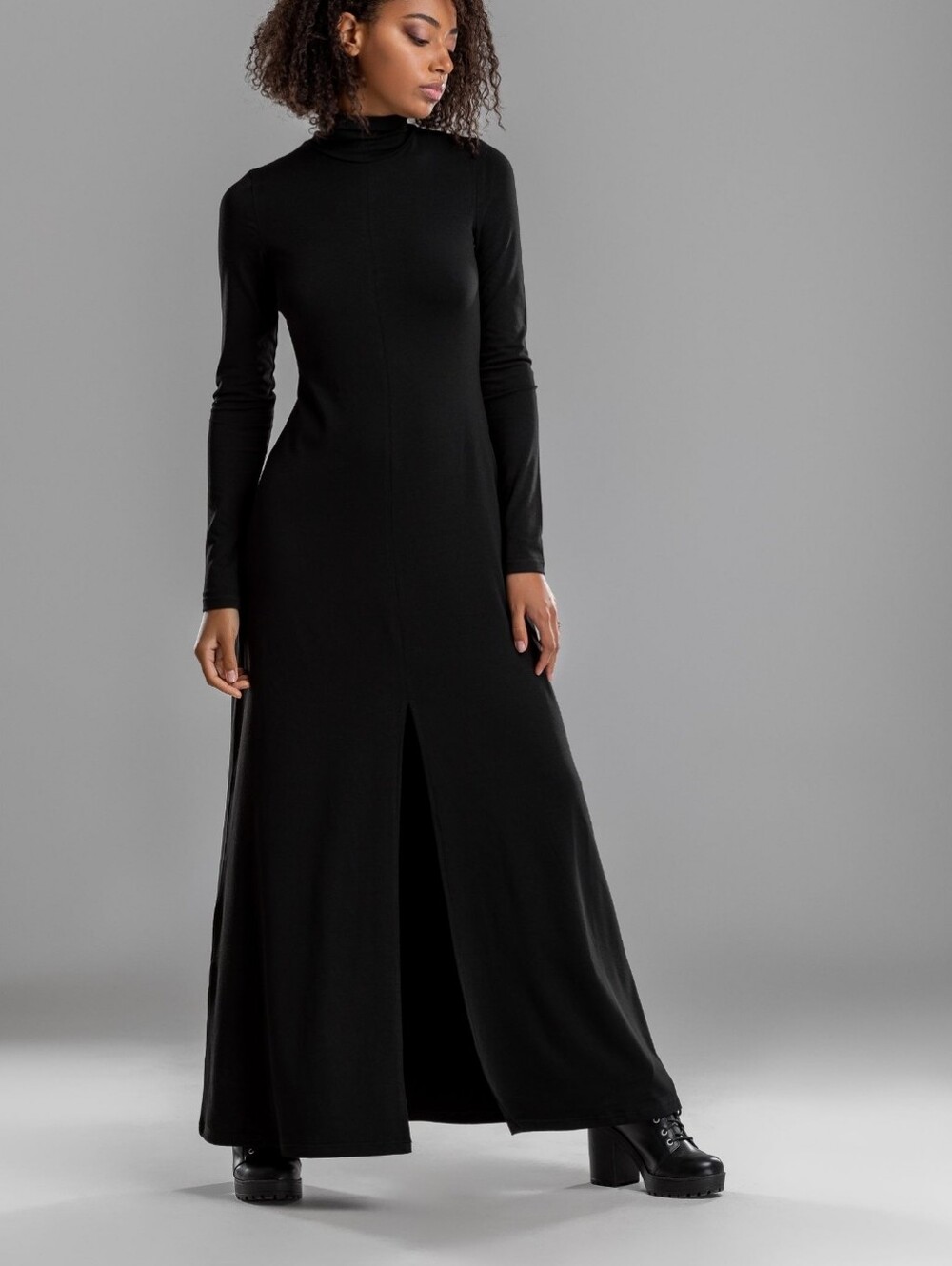 Mdnt 45 Black Turtleneck Maxi Slit Goth Minimalist Dress XS NWT